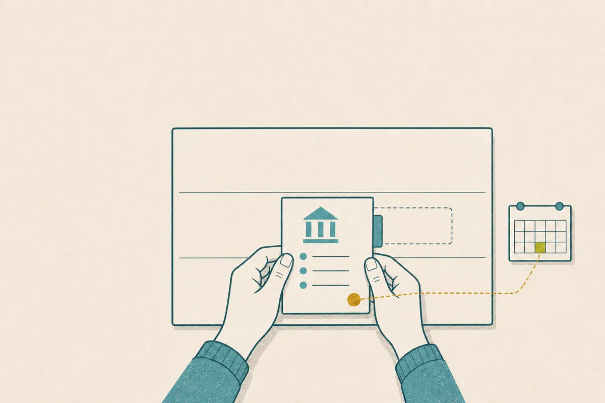 Two hands move an application card across three status lanes beside its linked deadline calendar.