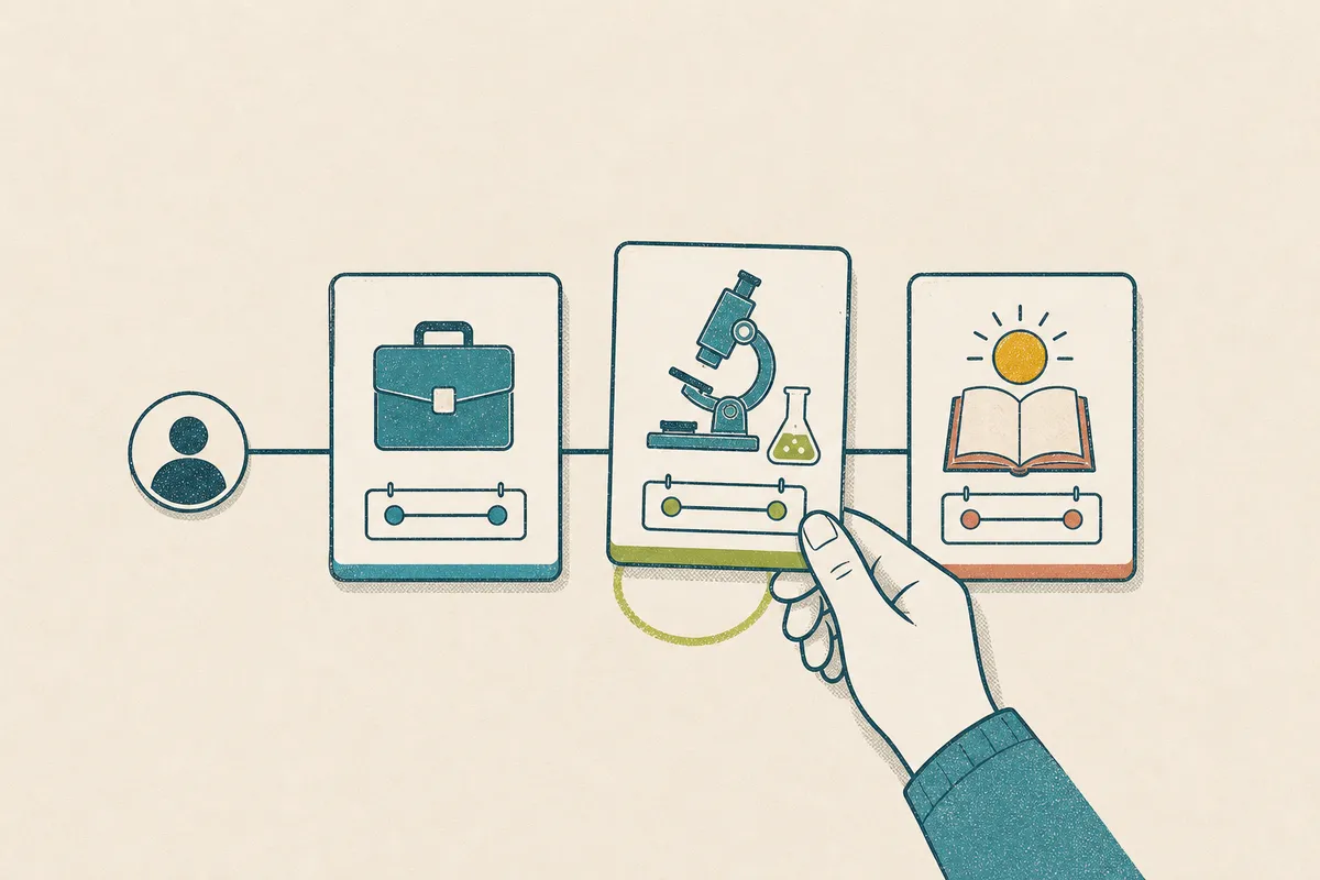 An applicant profile connects to industry, research, and summer-program options, with one selected.