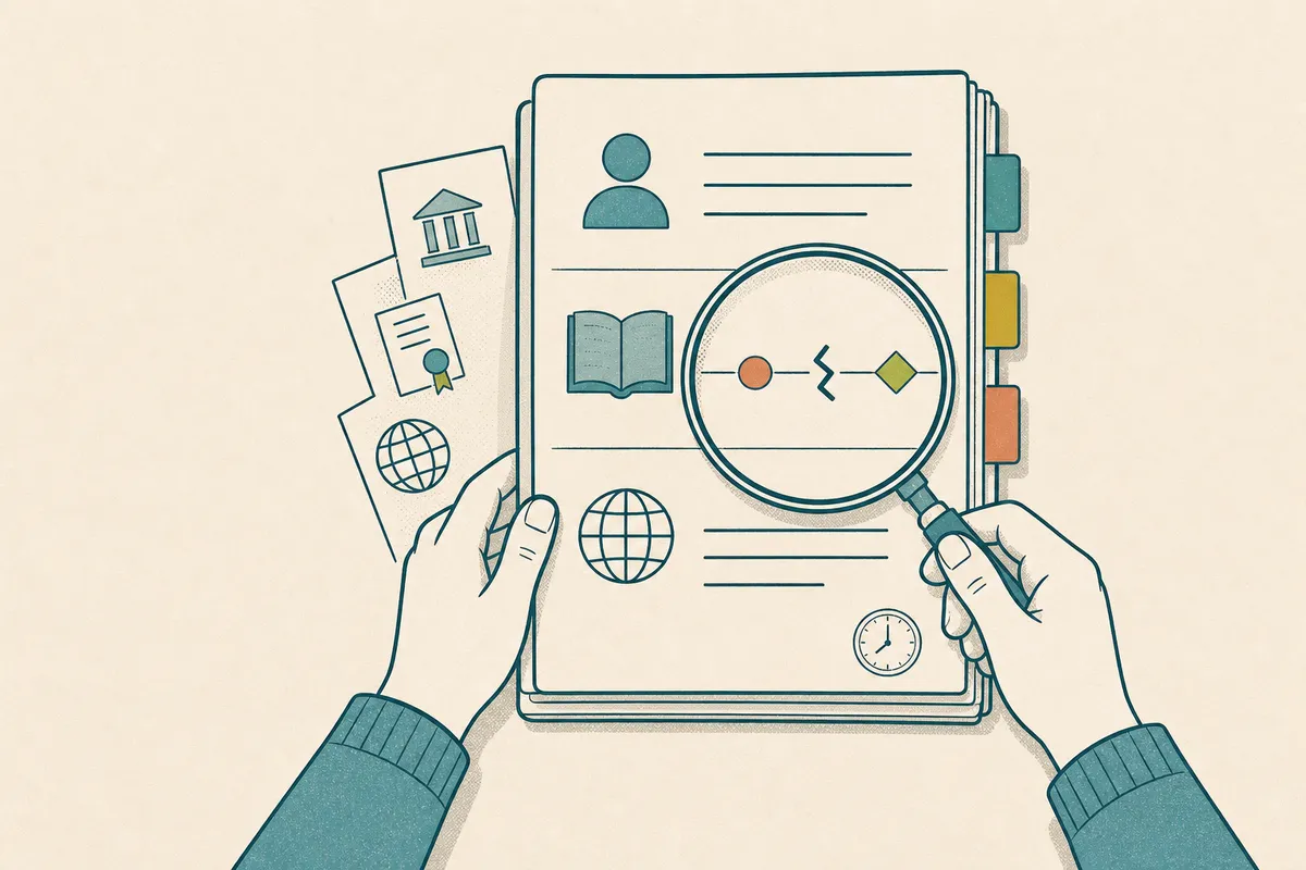 Two hands use a magnifying glass to inspect conflicting findings and sources in a program dossier.