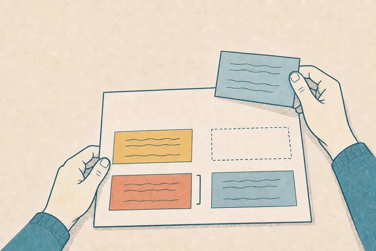 One hand moves a paragraph into a new position while the other steadies a four-part statement draft.